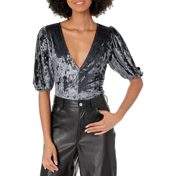 Free People Don't You Wish Velvet Bodysuit Size XS V-neck Gray Blue New - Picture 3 of 12